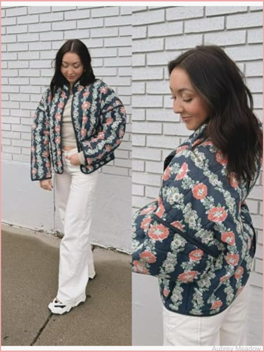 Cropped Quilted Jacket Floral Print Lightweight Padded Puffer Cardigan Coat - Picture 5 of 7